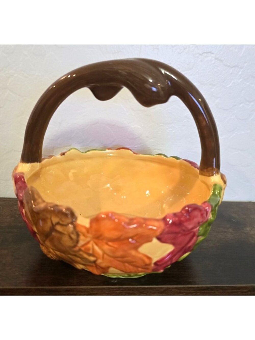 Harvest Handled Ceramic Basket With Decorative Leaf Design 6" x 6 1/4"